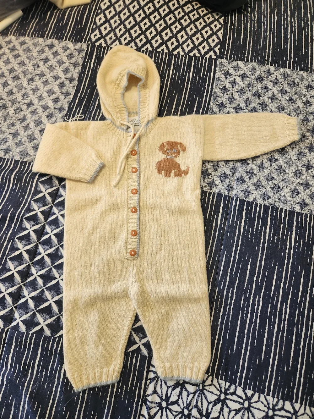 100% American Cashmere Cream & Blue Baby Hooded Bodysuit W/Puppy